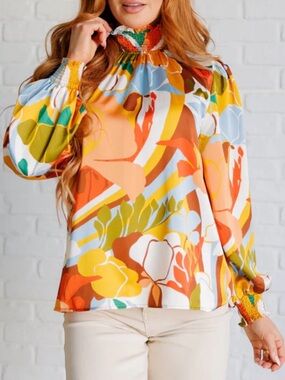 Vibrant Multicolor Floral Smocked-Neck Blouse